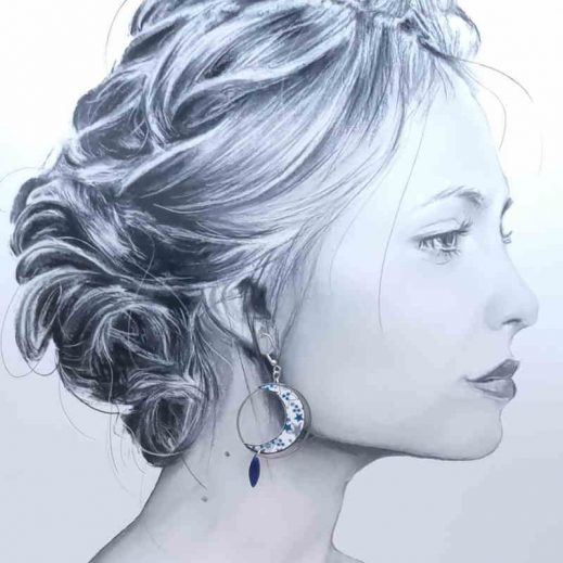 Boucles d'oreilles Lune et soleil en liberty Adelajda bleu Boucles d'oreilles Lune et soleil en liberty Adelajda bleu