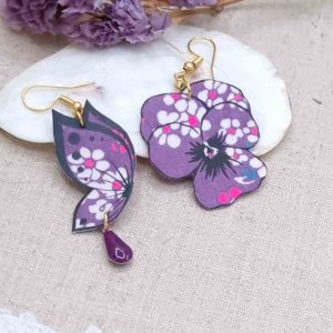 Boucles d'oreilles papillon et pensée en petit pan Hanako violet
