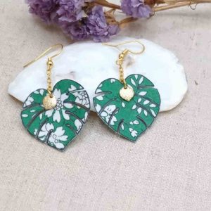 Boucles d'oreilles feuilles monstera en liberty Capel émeraude