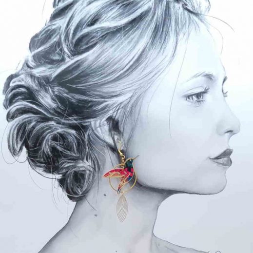 boucles d'oreilles grand colibri et grand hibiscus en liberty Ciara pétrole boucles d'oreilles grand colibri et grand hibiscus en liberty Ciara pétrole