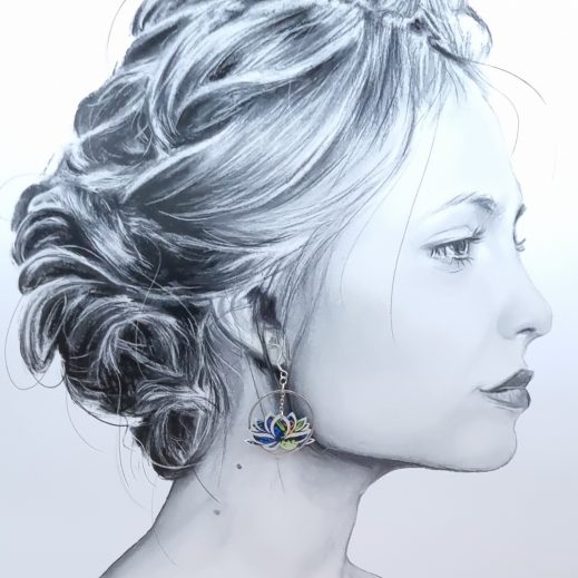 Boucles d'oreilles Lotus et Buddha en liberty Strawberry thief denim Boucles d'oreilles Lotus et Buddha en liberty Strawberry thief denim