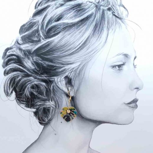 boucles d'oreilles feuille et Flamant rose en liberty Revival moutarde boucles d'oreilles feuille et Flamant rose en liberty Revival moutarde