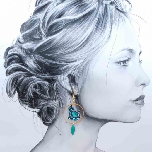 Boucles d'oreilles chats en liberty Wasabi émeraude Boucles d'oreilles chats en liberty Wasabi émeraude