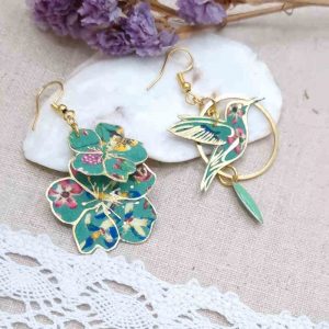 Boucles colibri et fleurs de cerisier en liberty donna leigh jade