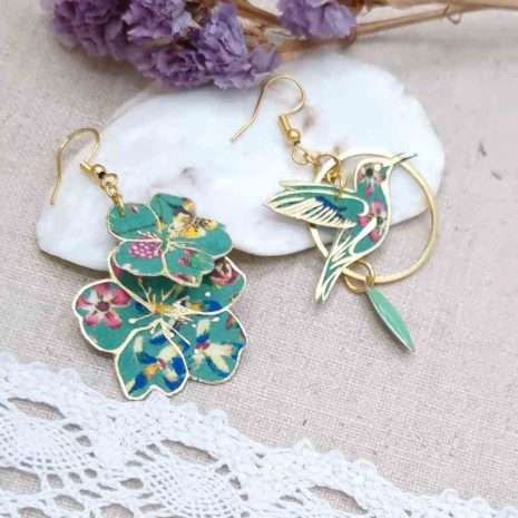 Boucles colibri et fleurs de cerisier en liberty donna leigh jade