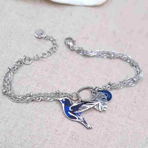 Bracelet 3 rangs colibri en Liberty Capel indigo Bracelet 3 rangs colibri en Liberty Capel indigo