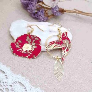 boucles d'oreilles grand colibri et grand coquelicot en liberty capel rubis