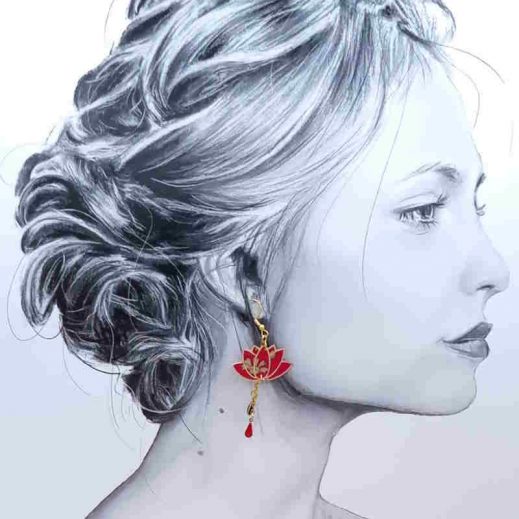 Boucles d'oreilles Papillon et lotus en liberty Capel rubis Boucles d'oreilles Papillon et lotus en liberty Capel rubis