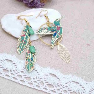 boucles d'oreilles grand colibri et plumes en liberty donna leigh jade
