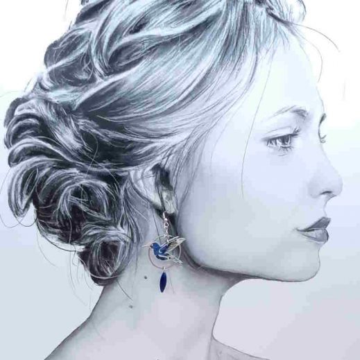 boucles d'oreilles colibri et coquelicot en liberty Strawberry Thief denim boucles d'oreilles colibri et coquelicot en liberty Strawberry Thief denim