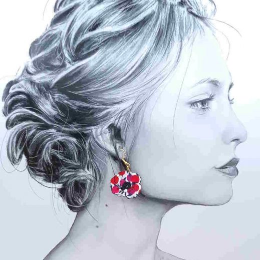 boucles d'oreilles colibri et coquelicot en liberty Wiltshire rouge boucles d'oreilles colibri et coquelicot en liberty Wiltshire rouge