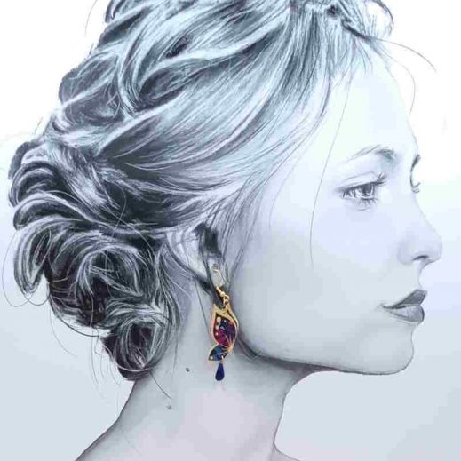 Boucles d'oreilles coquelicot et Papillon liberty Perséphone violine Boucles d'oreilles coquelicot et Papillon liberty Perséphone violine