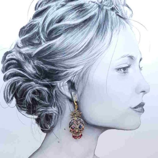 Boucles d'oreilles santa muerte en liberty perséphone violine Boucles d'oreilles santa muerte en liberty perséphone violine