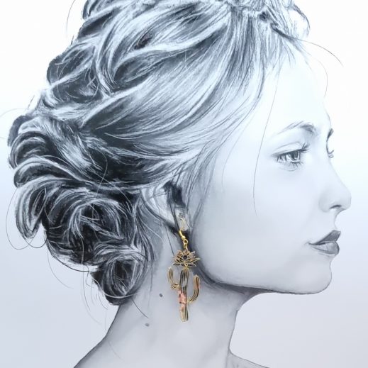 Boucles d'oreilles Santa Muerte et cactus en Liberty Perséphone violine Boucles d'oreilles Santa Muerte et cactus en Liberty Perséphone violine