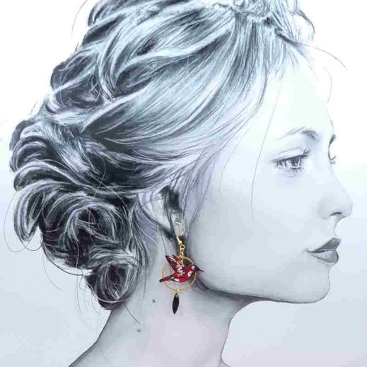 Boucles d'oreilles colibri et coquelicot en liberty mitsi valéria rubis Boucles d'oreilles colibri et coquelicot en liberty mitsi valéria rubis