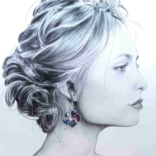 boucles d'oreilles colibri et fleur d'hibiscus en liberty Perséphone violine boucles d'oreilles colibri et fleur d'hibiscus en liberty Perséphone violine