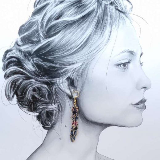 boucles d'oreilles grand colibri et plumes en liberty Perséphone violine boucles d'oreilles grand colibri et plumes en liberty Perséphone violine