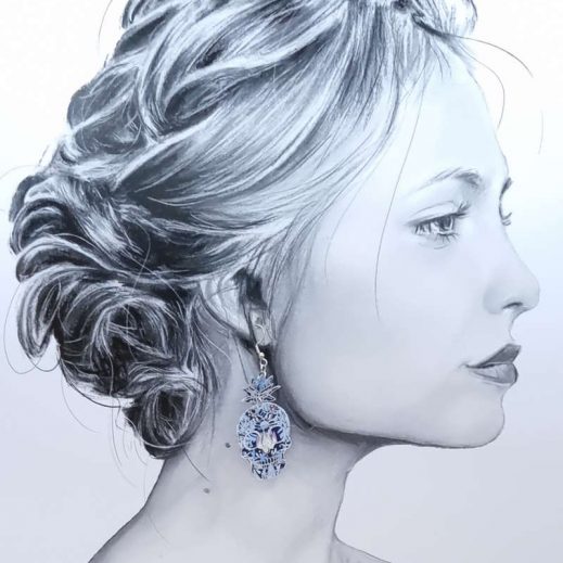 Boucles d'oreilles Santa Muerte en Liberty strawberry thief majorelle Boucles d'oreilles Santa Muerte en Liberty strawberry thief majorelle