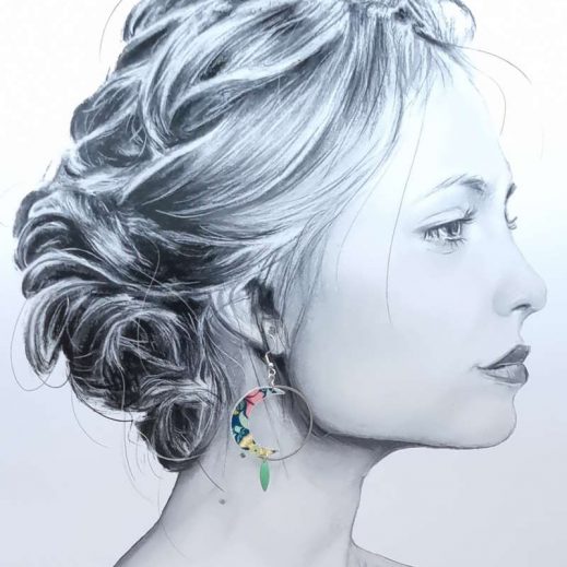 Boucles d'oreilles Lune et plume en liberty Perséphone Mint Boucles d'oreilles Lune et plume en liberty Perséphone Mint