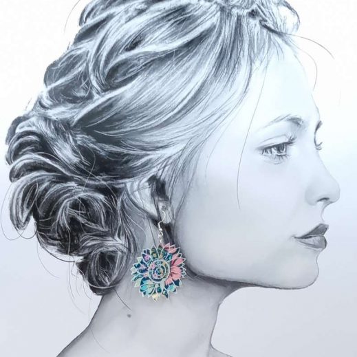 Boucles d'oreilles grands tournesols en liberty Perséphone mint Boucles d'oreilles grands tournesols en liberty Perséphone mint