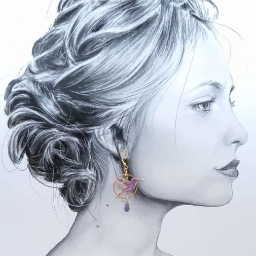boucles d'oreilles colibri et hibiscus en petit pan Hanako violet boucles d'oreilles colibri et hibiscus en petit pan Hanako violet