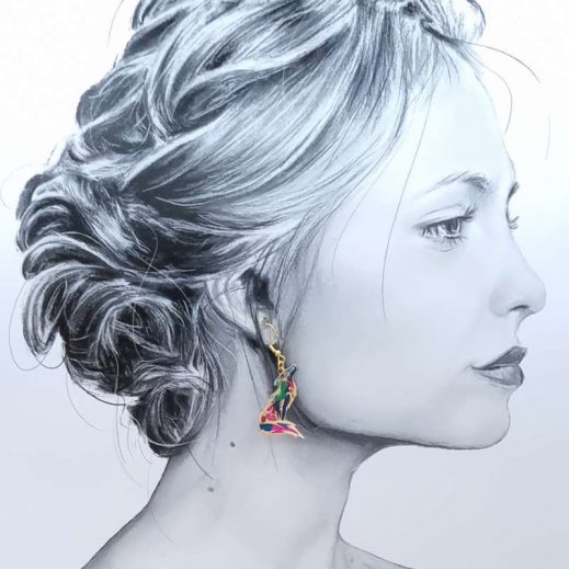 Boucles d'oreilles Lune et Loup en liberty Revival fushia Boucles d'oreilles Lune et Loup en liberty Revival fushia