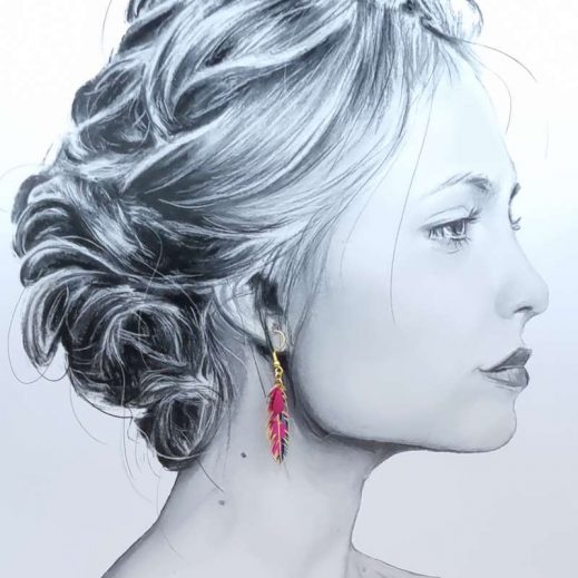 Boucles d'oreilles Lune et plume en liberty revival fushia Boucles d'oreilles Lune et plume en liberty revival fushia