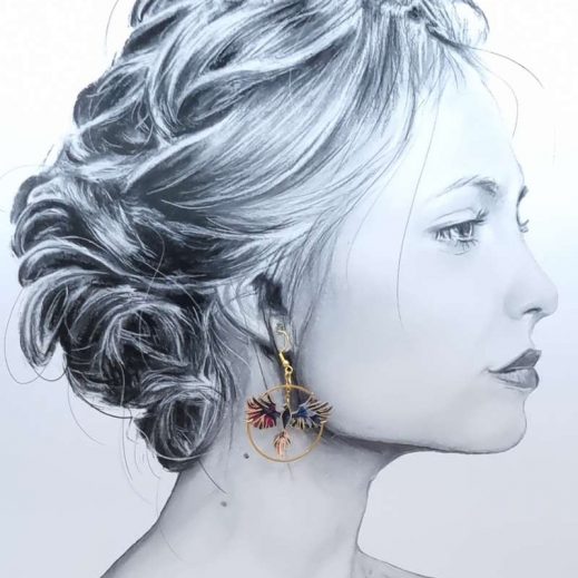 boucles d'oreilles Phoenix et aile en liberty Perséphone violine boucles d'oreilles Phoenix et aile en liberty Perséphone violine