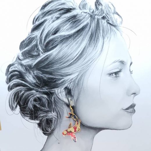 Boucles d'oreilles grande Ginkgo et grande carpe koi en liberty Little EUSTACIA Boucles d'oreilles grande Ginkgo et grande carpe koi en liberty Little EUSTACIA