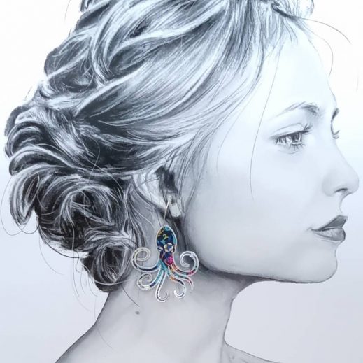 Boucles d'oreilles grand poulpe en liberty Strawberry thief denim Boucles d'oreilles grand poulpe en liberty Strawberry thief denim