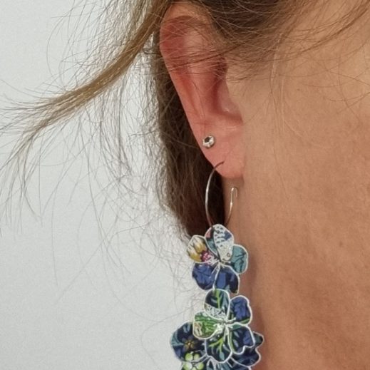 20230718_112111 Boucles d'oreilles grande carpe Koï et 3 fleurs de cerisier sakura en liberty Strawberry thief denim