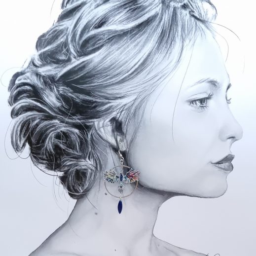 boucles d'oreilles Phoenix et aile en liberty Strawberry thief denim boucles d'oreilles Phoenix et aile en liberty Strawberry thief denim