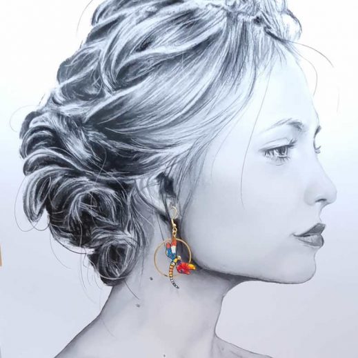 Boucles d'oreilles lys et libellule en liberty Margaret Annie bleu et orange Boucles d'oreilles lys et libellule en liberty Margaret Annie bleu et orange