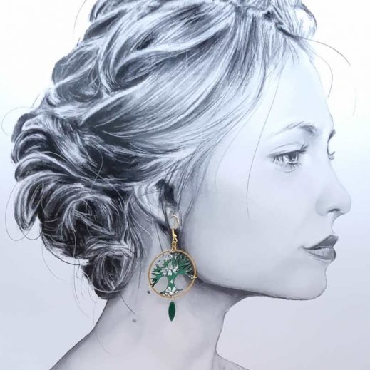 boucles d'oreilles Arbre de vie en liberty capel émeraude boucles d'oreilles Arbre de vie en liberty capel émeraude