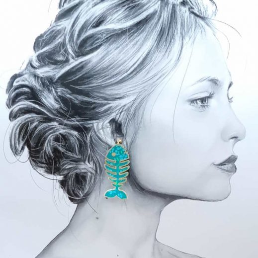 Boucles d'oreilles grand poisson arête en petit pan hanako menthe Boucles d'oreilles grand poisson arête en petit pan hanako menthe