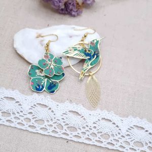 boucles d'oreilles grand colibri et fleurs de cerisier sakura en liberty donna leigh jade