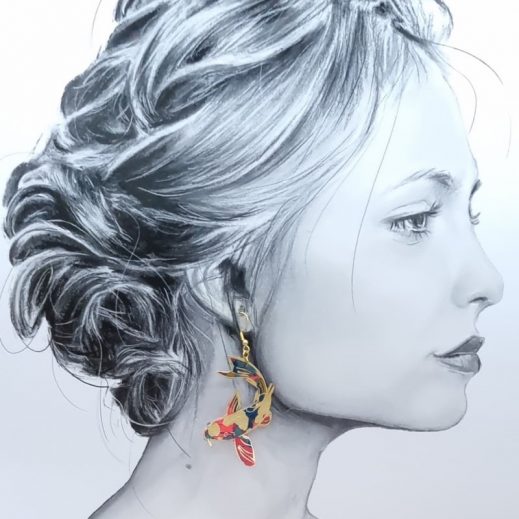 Boucles d'oreilles grande carpe Koï et 3 fleurs de cerisier sakura en liberty Little Eustacia Boucles d'oreilles grande carpe Koï et 3 fleurs de cerisier sakura en liberty Little Eustacia