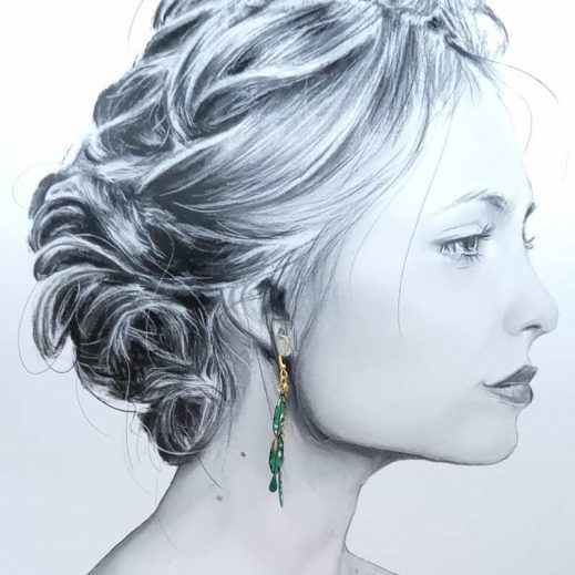 boucles d'oreilles plumes et arbre de vie en liberty Capel émeraude boucles d'oreilles plumes et arbre de vie en liberty Capel émeraude