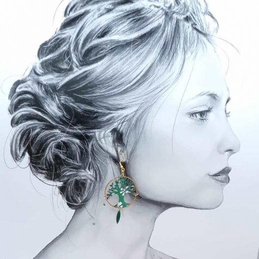 boucles d'oreilles plumes et arbre de vie en liberty Capel émeraude boucles d'oreilles plumes et arbre de vie en liberty Capel émeraude