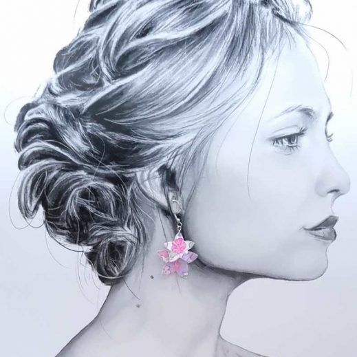 boucles d'oreilles grand colibri et fleurs de tiaré en liberty betsy fluo rose/lilas boucles d'oreilles grand colibri et fleurs de tiaré en liberty betsy fluo rose/lilas