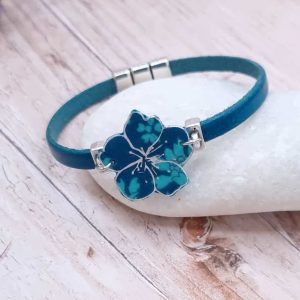 Bracelet Cuir turquoise et fleur de cerisier en Liberty Capel canard