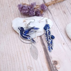 boucles d'oreilles grand colibri et plumes en liberty Capel indigo