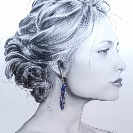 boucles d'oreilles grand colibri et plumes en liberty Capel indigo boucles d'oreilles grand colibri et plumes en liberty Capel indigo