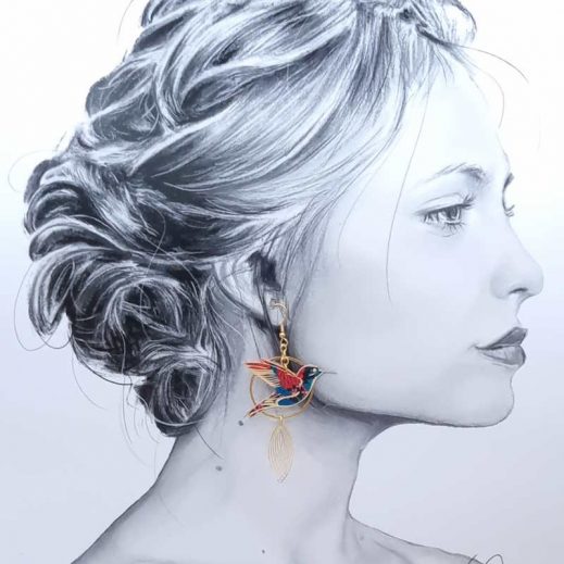 boucles d'oreilles grand colibri et plumes en liberty Ciara pétrole boucles d'oreilles grand colibri et plumes en liberty Ciara pétrole