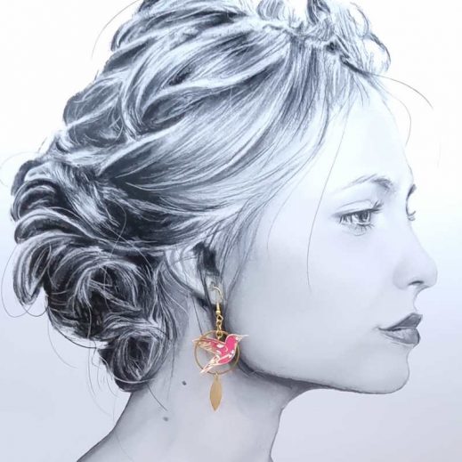 boucles d'oreilles colibri et fleur d'hibiscus en liberty Capel rose boucles d'oreilles colibri et fleur d'hibiscus en liberty Capel rose