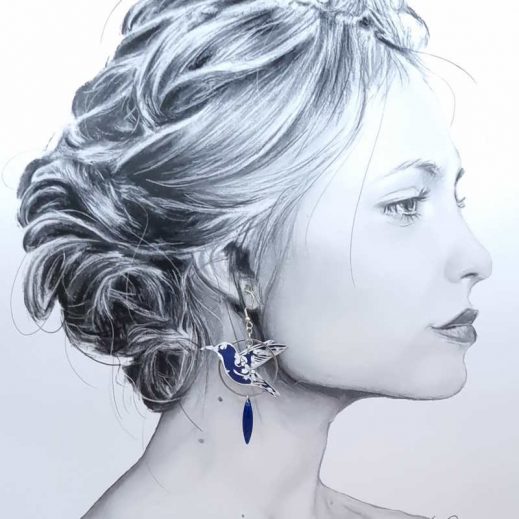 boucles d'oreilles grand colibri et grand hibiscus en liberty Capel navy boucles d'oreilles grand colibri et grand hibiscus en liberty Capel navy