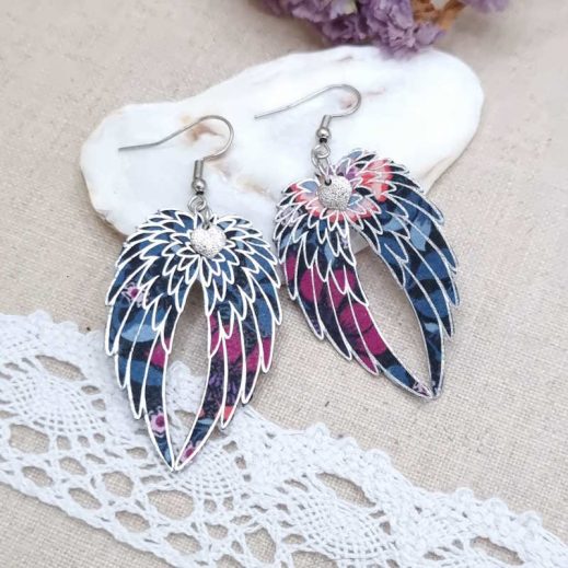 boucles d'oreilles ailes en liberty Perséphone violine boucles d'oreilles ailes en liberty Perséphone violine