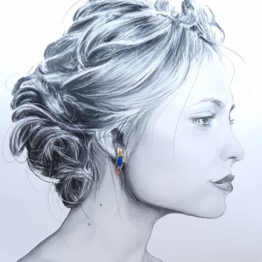 Boucles d'oreilles mini rouge-gorge oiseau et plume en liberty Strawberry thief denim Boucles d'oreilles mini rouge-gorge oiseau et plume en liberty Strawberry thief denim