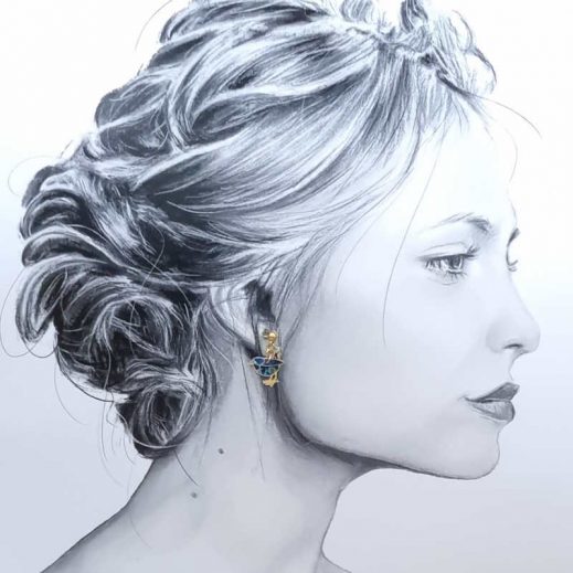 Boucles d'oreilles mini rouge-gorge oiseau et plume en liberty Strawberry thief denim Boucles d'oreilles mini rouge-gorge oiseau et plume en liberty Strawberry thief denim