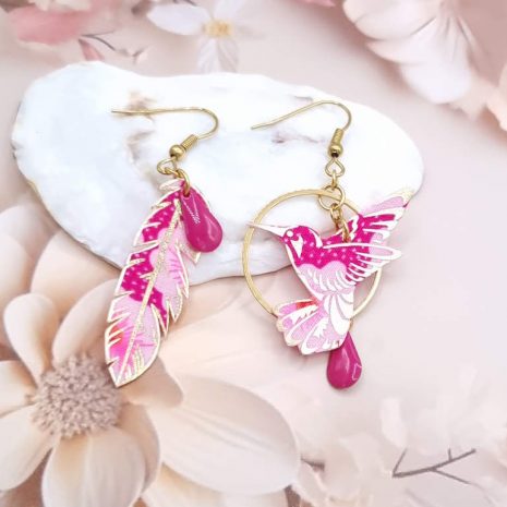 Boucles d'oreilles colibri et plume en TISSU Petit Pan Osami rose